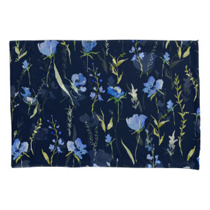 Housse D'oreillers Fleurs bleues rustiques : Illustration botanique.