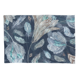 Housse D'oreillers Fleurs Boho Chic : Aquarelle bleu foncé P