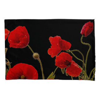 Housse D'oreillers Fleurs de pavot rouge Flore colorée Abstraite Noir