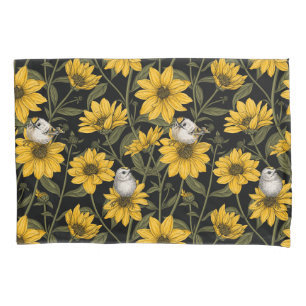Housse D'oreillers Fleurs de soleil sauvages et oiseaux de crête doré