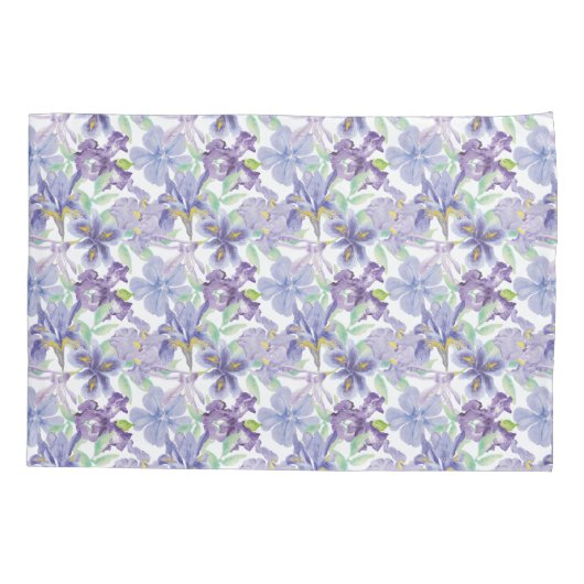 Housse D'oreillers Fleurs florales d'Iris vert pourpre Aquarelle (Dos-gauche)
