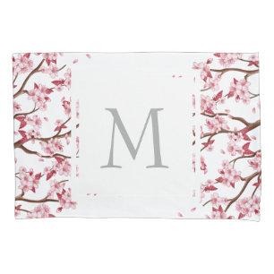 Housse D'oreillers Fleurs japonaises de cerises roses - Monogramme