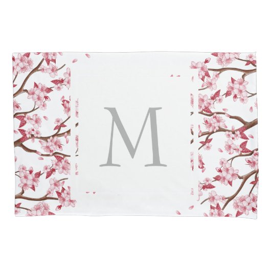 Housse D'oreillers Fleurs japonaises de cerises roses - Monogramme (devant)