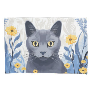 Housse D'oreillers Fleurs Jaunes Chat Bleu Russe