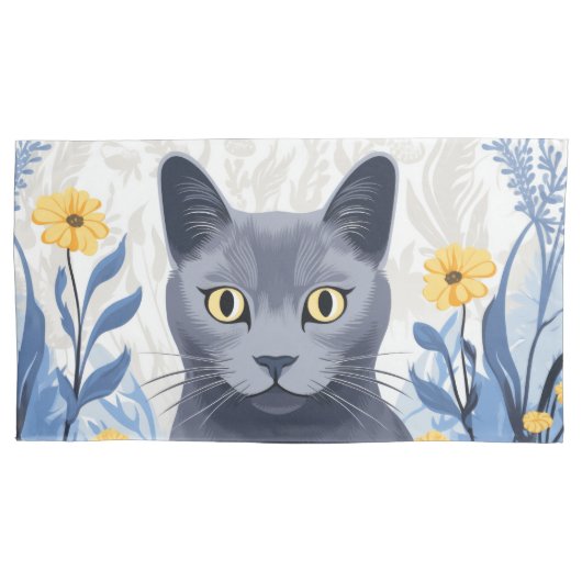 Housse D'oreillers Fleurs Jaunes Chat Bleu Russe (devant)