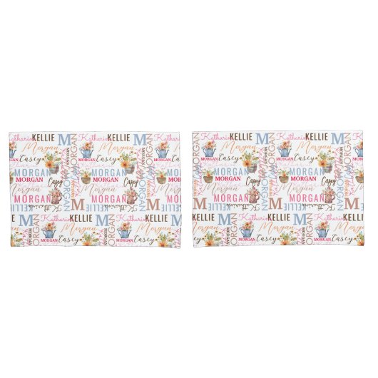 Housse D'oreillers Fleurs peintes avec nom et collage Monogramme (devant-Set)