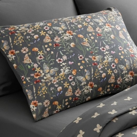 Housse D'oreillers Fleurs sauvages boho gris charbon