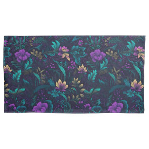 Housse D'oreillers Fleurs violettes et Feuilles Turquoises
