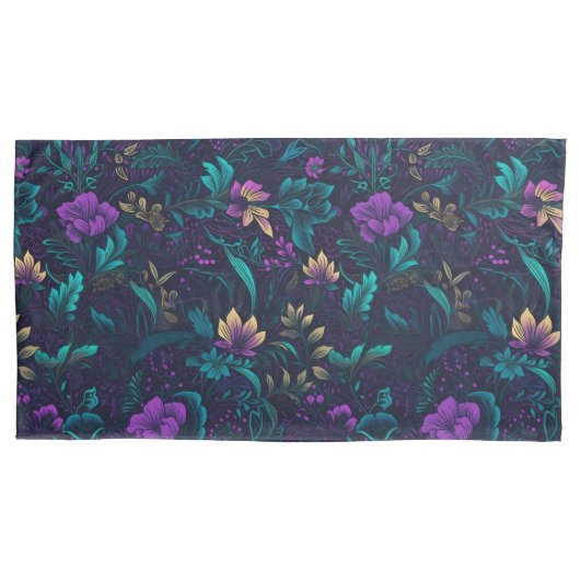 Housse D'oreillers Fleurs violettes et Feuilles Turquoises (devant-gauche)