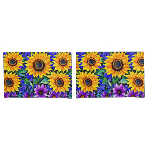 Housse D'oreillers Fleurs violettes et tournesols jaunes Floral