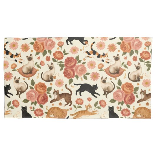 Housse D'oreillers Floral Felines: Cozy Cats & Blooms Pattern (devant-gauche)