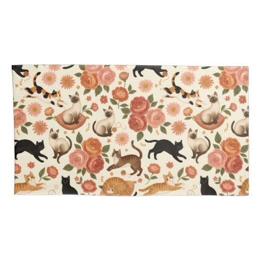 Housse D'oreillers Floral Felines: Cozy Cats & Blooms Pattern (Dos-Droit)