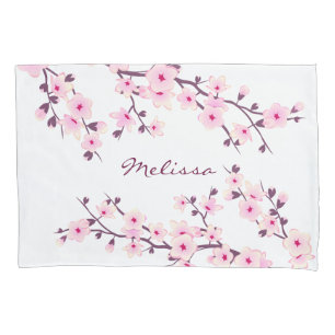 Housse D'oreillers Floral Fleurs de cerisiers rose blanc Monogramme