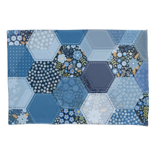 Housse D'oreillers Floral, patchwork de denim : motif bleu.