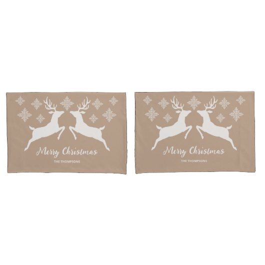 Housse D'oreillers Formes De Cerfs Blancs Sur Beige Avec Snowflakes & (devant-Set)