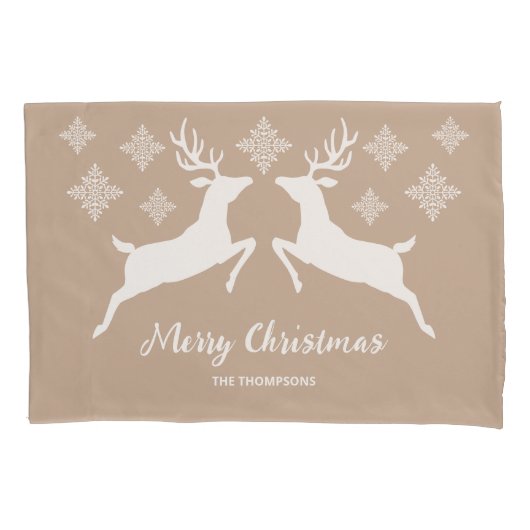 Housse D'oreillers Formes De Cerfs Blancs Sur Beige Avec Snowflakes & (devant-gauche)