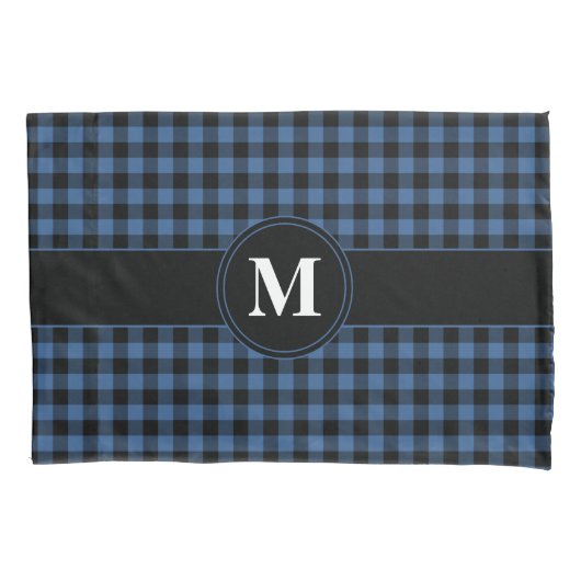 Housse D'oreillers Gingham Bleu Et Noir Monogramme Classique (devant)