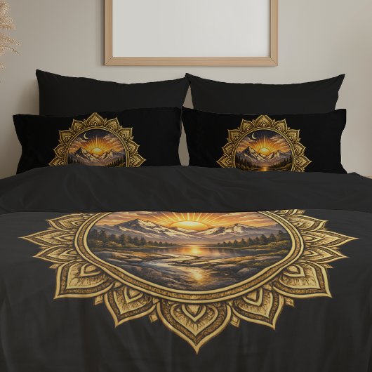 Housse D'oreillers Golden Boho Mandala Mountain Sunset Art | Black
