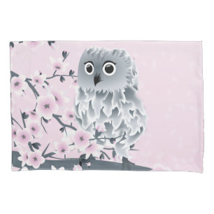 Housse D'oreillers Gris rose de hibou et de fleurs de cerisier