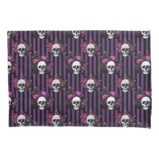 Housse D'oreillers Halloween Crânes rayés floraux violets et noirs (devant)