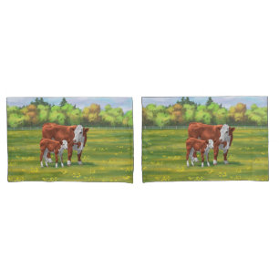 Housse D'oreillers Hereford Cow & Cute Calf dans les pâturages d'été
