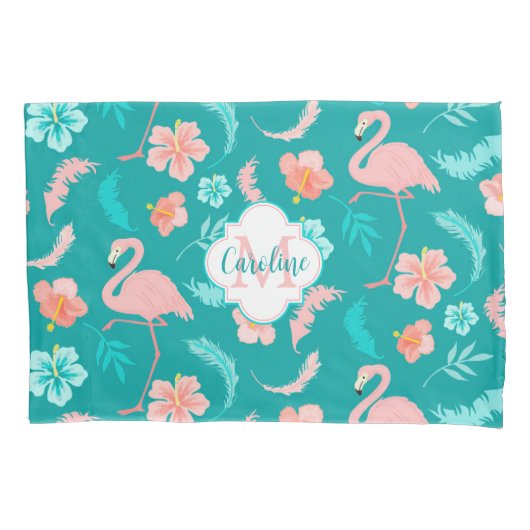 Housse D'oreillers Hibiscus Flamant rose rose Tropical Turquoise (devant)
