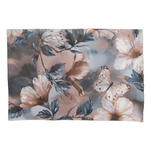 Housse D'oreillers Hibiscus floral aquarelle, motif papillon. (devant)