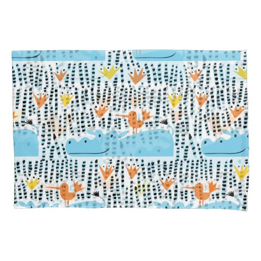 Housse D'oreillers Hippos Birds Lake : Motif Vintage. (devant)