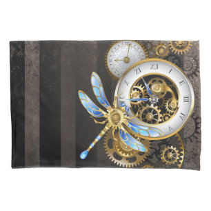 Housse D'oreillers Horloge à vapeur avec libellule mécanique