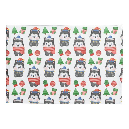 Housse D'oreillers Husky Puppy Chien Père Noël Festive Noël (Dos)