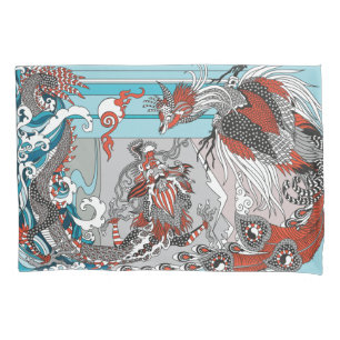 Housse D'oreillers Jade Dragon and Gold Phoenix playing with a pearl