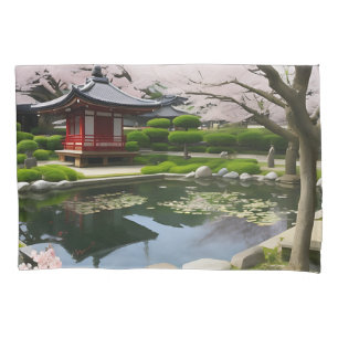 Housse D'oreillers Japonais Sakura Cherry Blossom Garden Shrine Pond