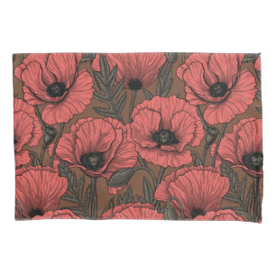 Housse D'oreillers Jardin de coquelicot dans le corail et brun