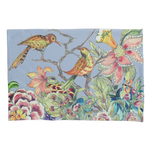 Housse D'oreillers Jardin floral oriental avec oiseaux Chinoiserie Bl (devant)