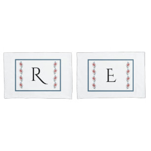 Housse D'oreillers Jeu d'oreillers Monogrammes Bleu et Rose