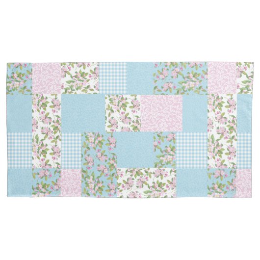 Housse D'oreillers Joli Apple Blossom rose Bleu Faux Patchwork (devant-gauche)