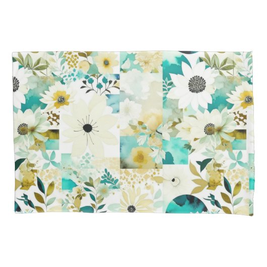 Housse D'oreillers Joli Art folklorique Fleurs blanches et turquoise (devant)