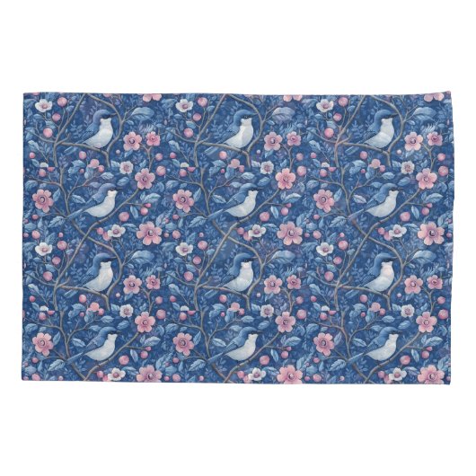 Housse D'oreillers Joli Oiseaux Bleus Roses Rose Élégant (Dos-gauche)