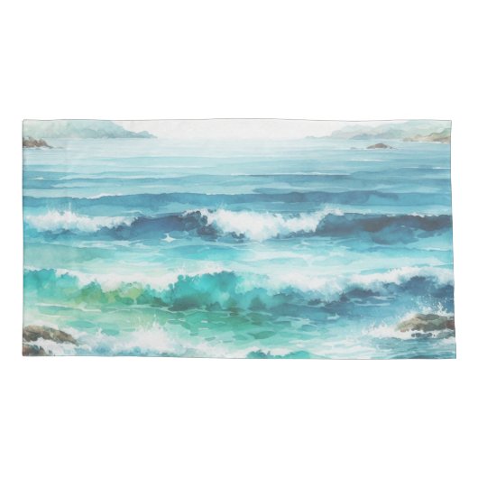 Housse D'oreillers King Coussin Coque Ocean Waves Beach Aquarelle (Dos-gauche)