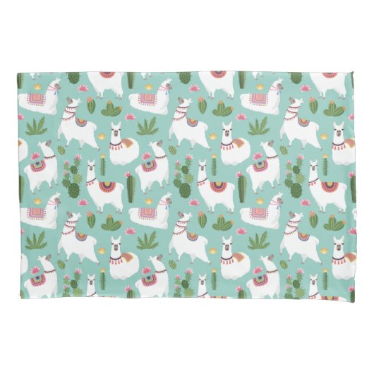 Housse D'oreillers Lamas mignons sur le motif turquoise (devant-gauche)