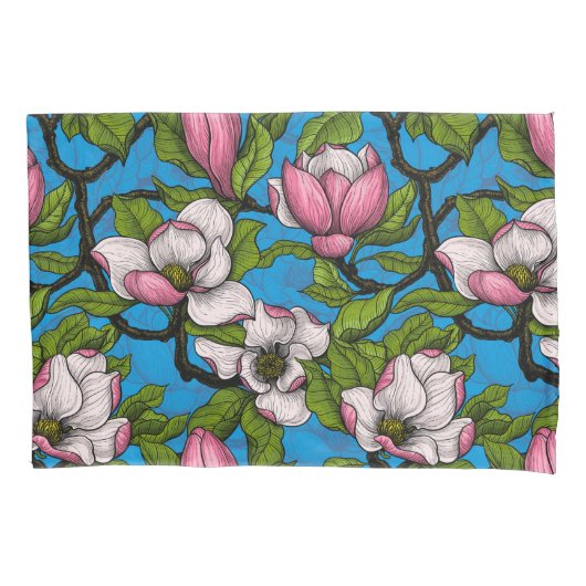 Housse D'oreillers Magnolia en floraison sur bleu (devant)