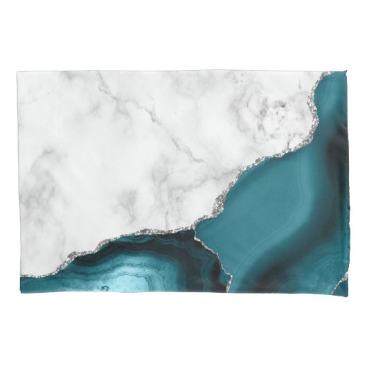 Housse D'oreillers Marbre blanc agate bleu sarcelle argent (devant)