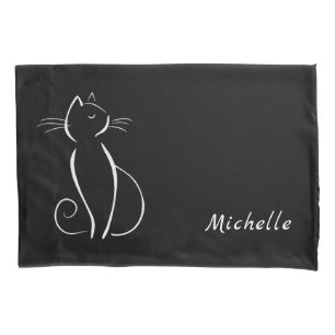 Housse D'oreillers Minimaliste Chat Blanc Sur Noir Ajouter Nom