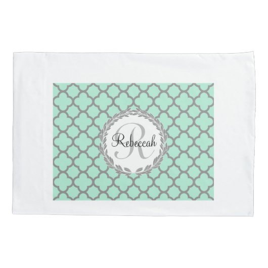 Housse D'oreillers Mint Green Grey Quatrefoil Nom Monogramme Laurel (Dos)