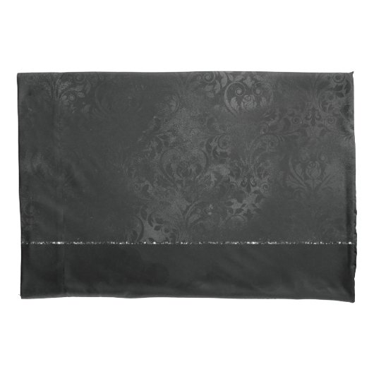 Housse D'oreillers Minuit Onyx Romance | Black Satiny Grunge Damask (devant)