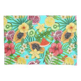 Housse D'oreillers Mix-fruit tropical, fleurs et feuilles en bleu