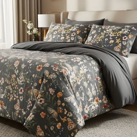 Housse D'oreillers Modern Charcoal Gray Boho Wildflowers