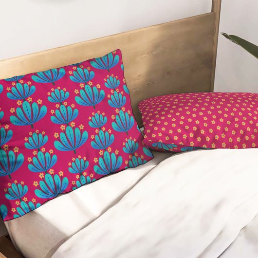 Housse D'oreillers Modern Floral Pattern in Rubine Red and Blue