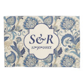 Housse D'oreillers Monogram Blue & Cream Damask Floral Mariage (devant-gauche)