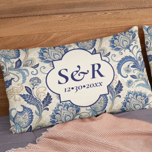 Housse D'oreillers Monogram Blue & Cream Damask Floral Mariage